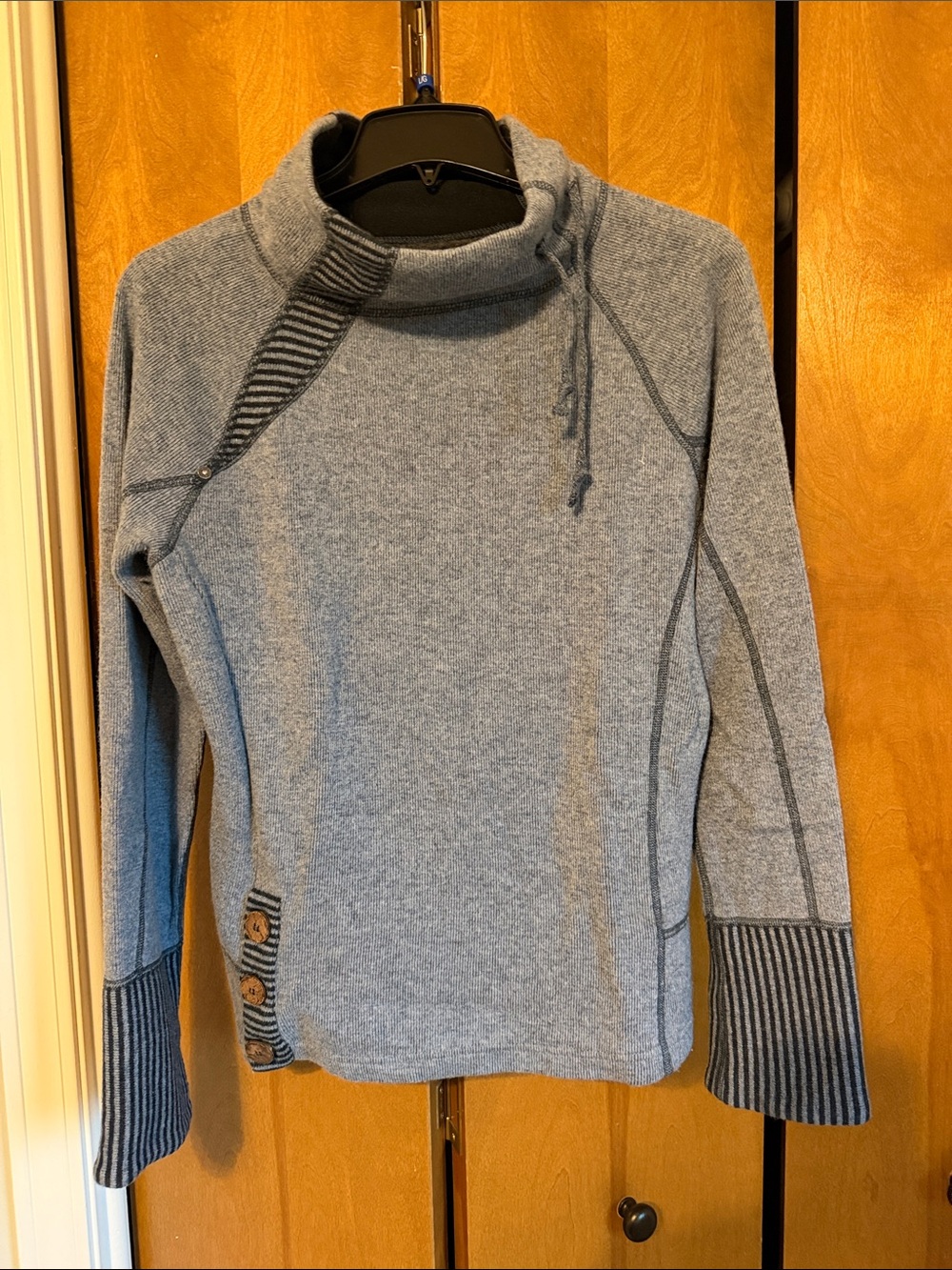 Prana Blue Heather Turtleneck Sweater with striped Trim